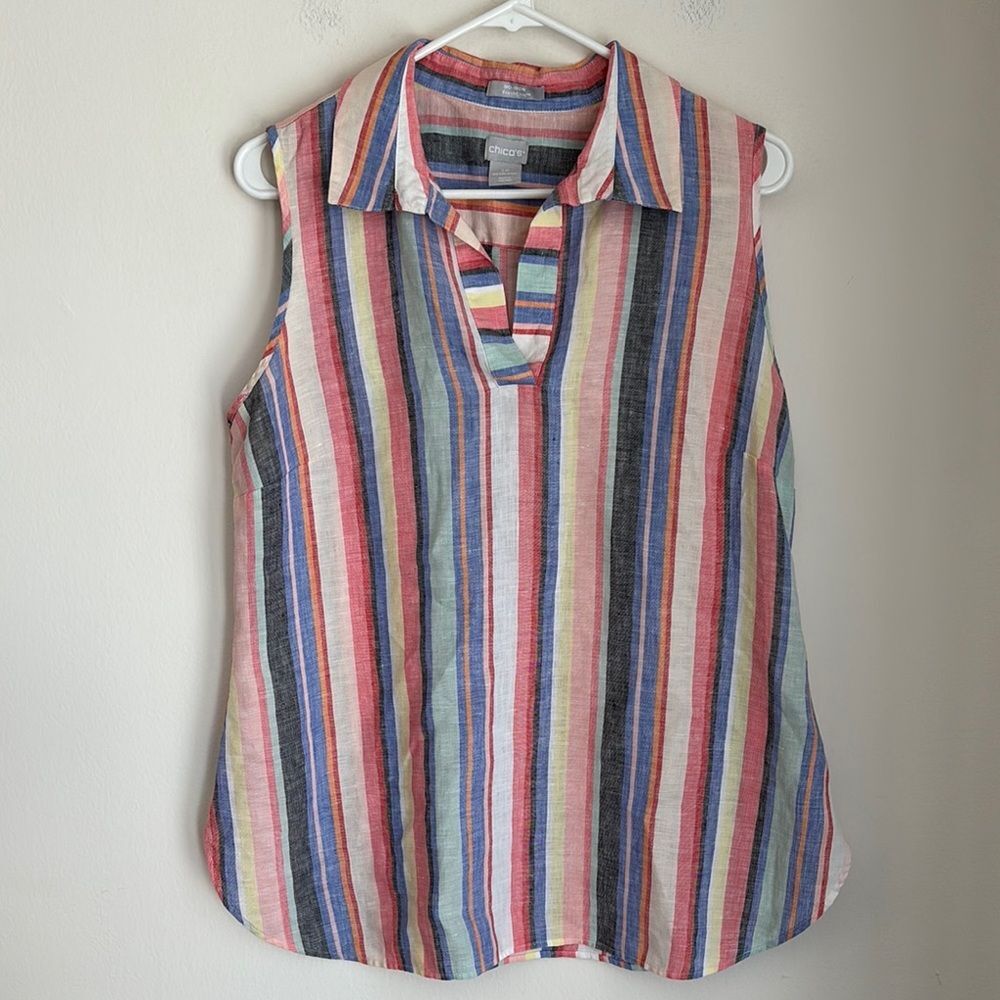 Chico's Women No-Iron FreshChic 100% Linen Striped rainbow colorful Tunic 12/14P
